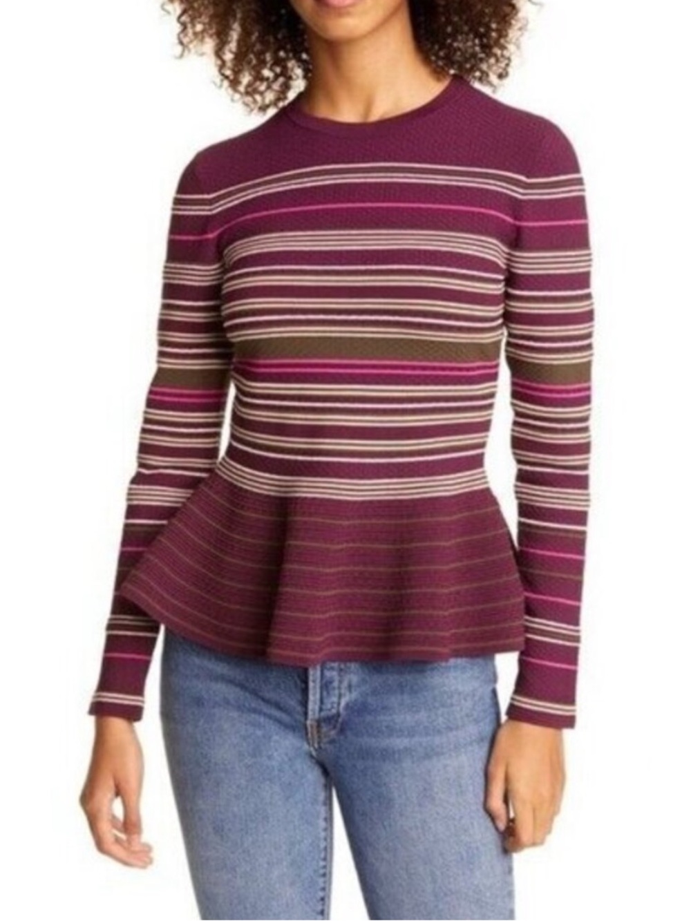 TED BAKER London Leytina Striped Crew Neck Peplum Sweater‎ Sz 8